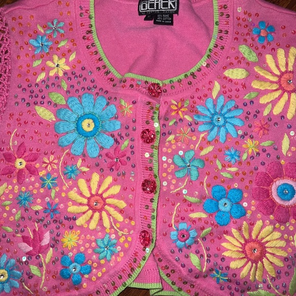 Vntg Berek 2 Takako Sakon Sweater Floral Sequin Embroidered Crochet Grandma xl - Picture 2 of 2